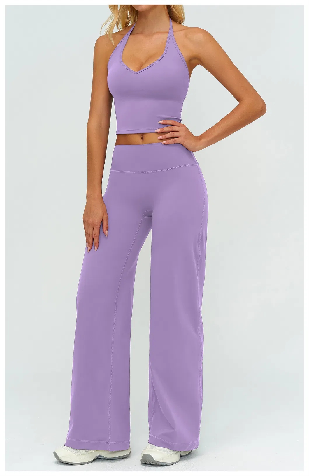 Elegant Resort Wear Yoga Set Halter Neck Top & Flowing Wide Leg Palazzo Pants, Naked Feel for Beach & Vacation