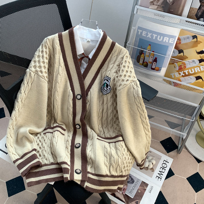 College Style V-neck Cardigan Sweater Jacket, New Women's Autumn and Winter Outfit, Loose and Lazy Outerwear