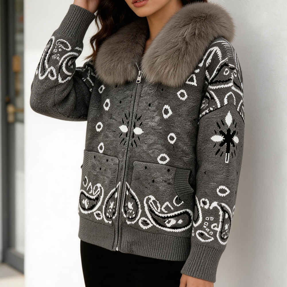 Luxurious Women's Knit Cardigan with Real Fox Fur Collar Vintage Paisley Zip-Up Sweater Jacket Warm Winter Luxury Outerwear