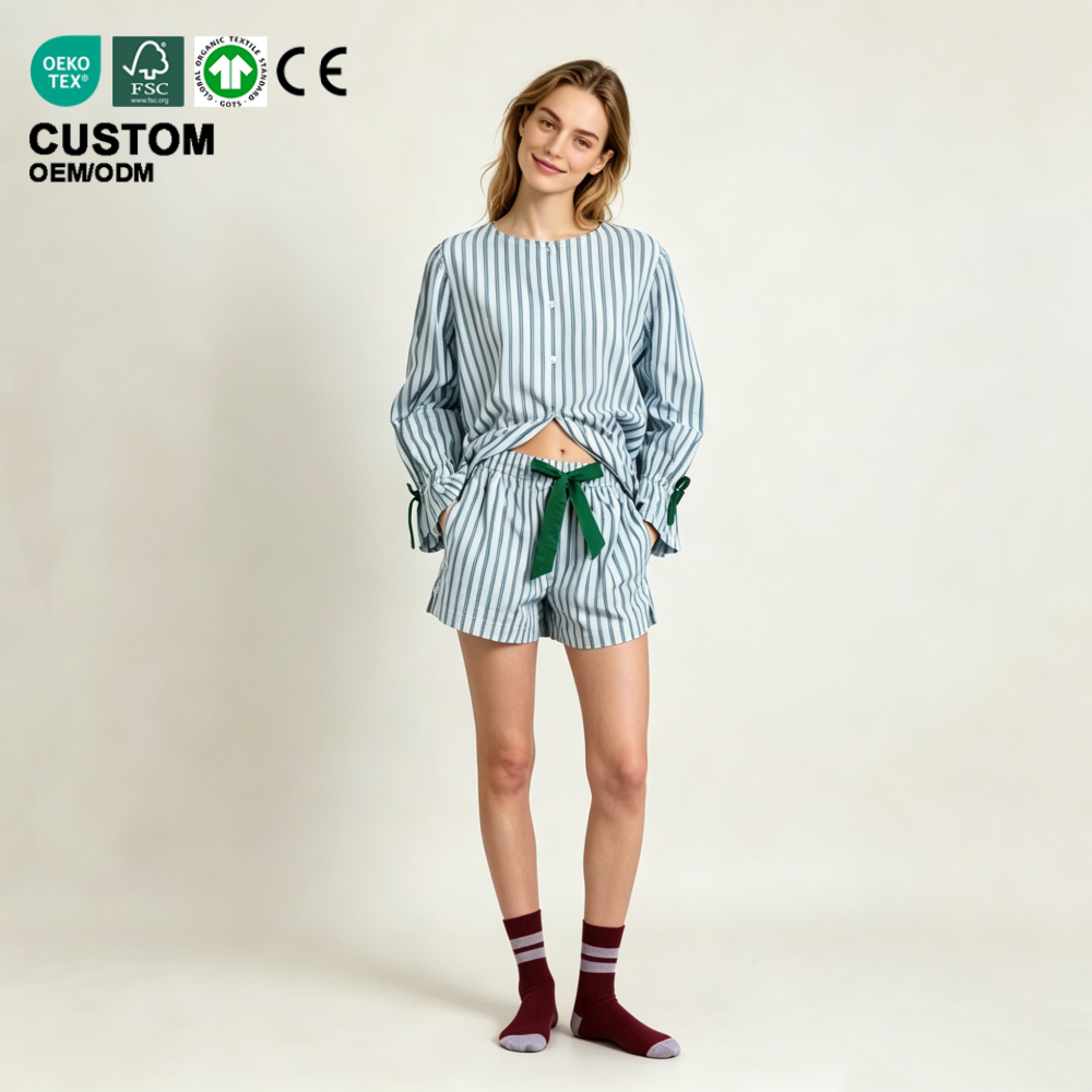 Premium Striped Women's Pajama Set Soft Cotton Blend Long Sleeve Shirt &amp; Shorts GOTS Certified Private Label Loungewear Sets