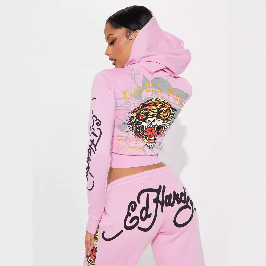Streetwear Hoodie Fall Zip Hooded Crop Tops and Sweat Pants Graphic Printed Casual Plus Size 2 Piece Set Women Jogger Sets