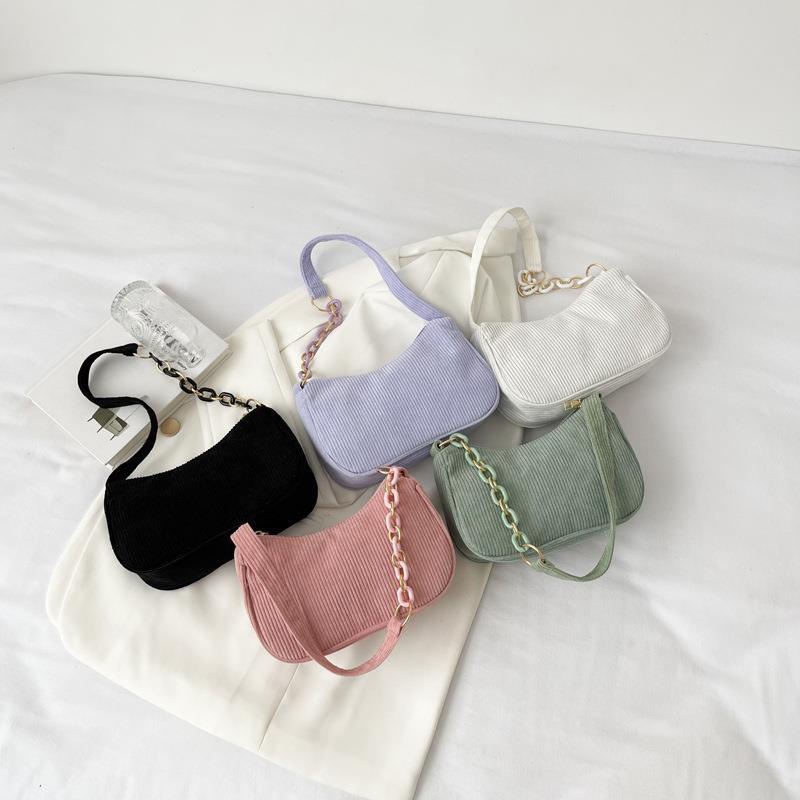 Wholesale Solid Color Simple Women's Handbags Casual Chain Crossbody Corduroy Striped Tote Bag