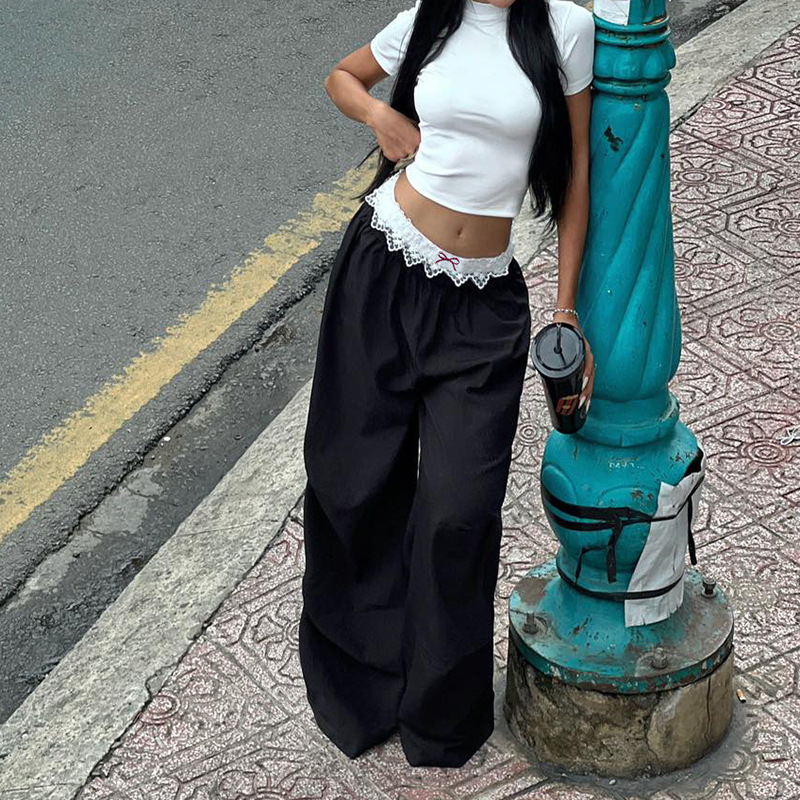 Women's Street-style Sweet Spicy Workwear Pocket Lace Bow Patchwork Woven Pants Dark Loose Slimming Casual Long Pants