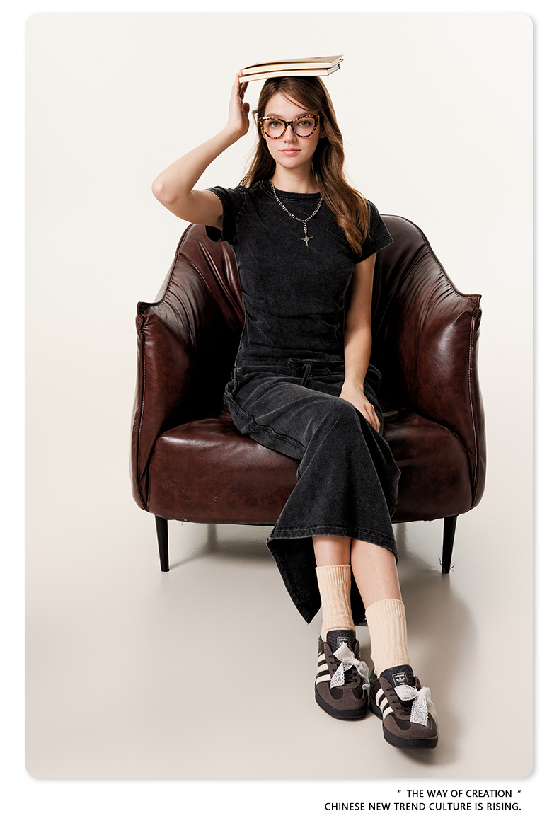 Custom logo Acid Cotton Elegant High-End Women's Summer Straight Skirt Set Heavy Industry Webbing Loose Tshirt