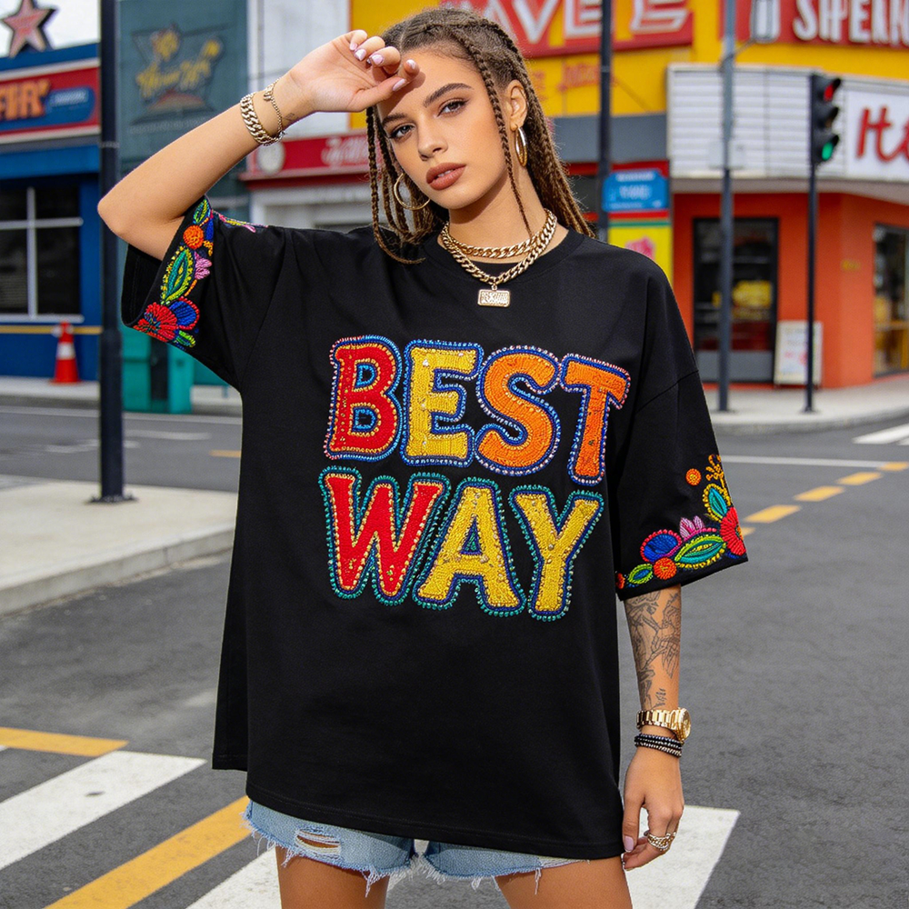 Fashion Custom Design Women's Streetwear Loose Logo Heat Transfer Printed 100% Cotton Eco-Friendly Black Short Sleeve O-Neck