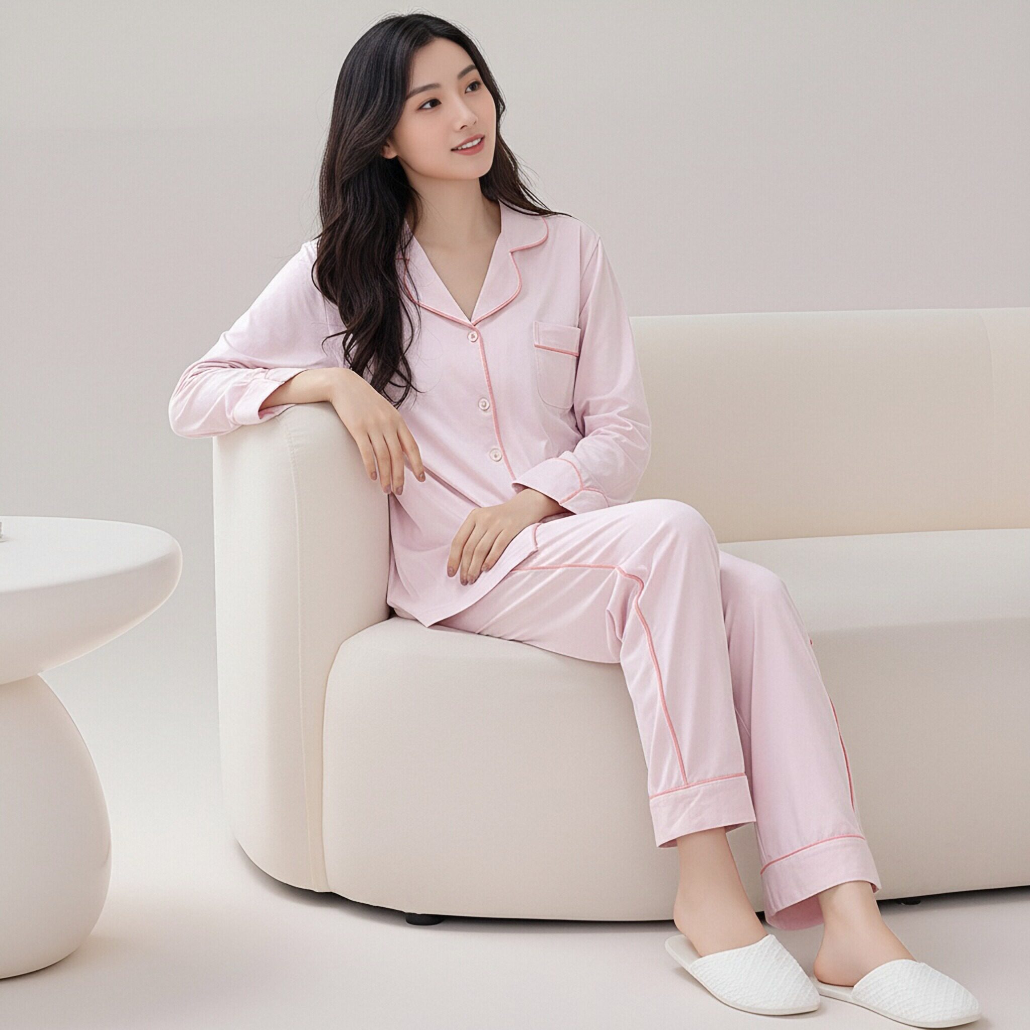 Women's Pajamas Pure Cotton Breathable Spring Autumn New Long-sleeved Simple Cardigan Solid Color Casual Full Length Homewear