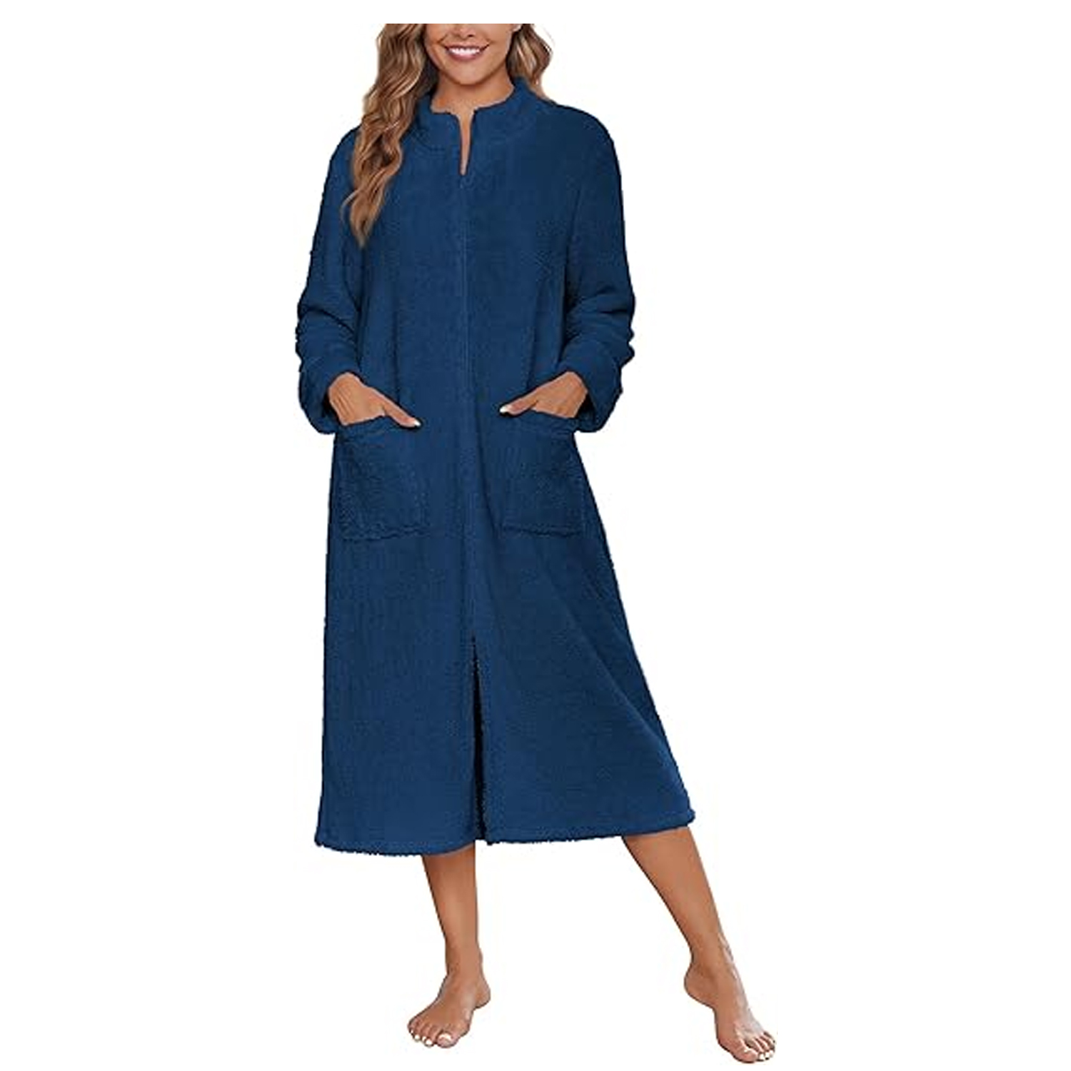 Premium Plush Fabric Women's Zip up Bathrobe Stand Collar Ultra Warm Loungewear with Pockets