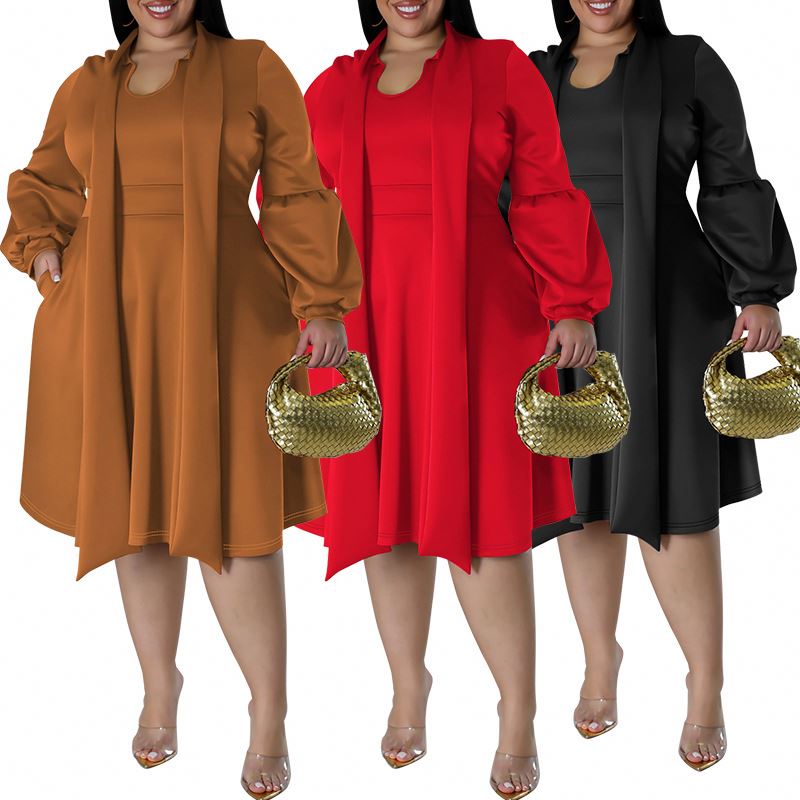 Fall Popular Products 2024 Plus Size Women's Clothing Collared Long Sleeve Puff Sleeve Mid Length Dress