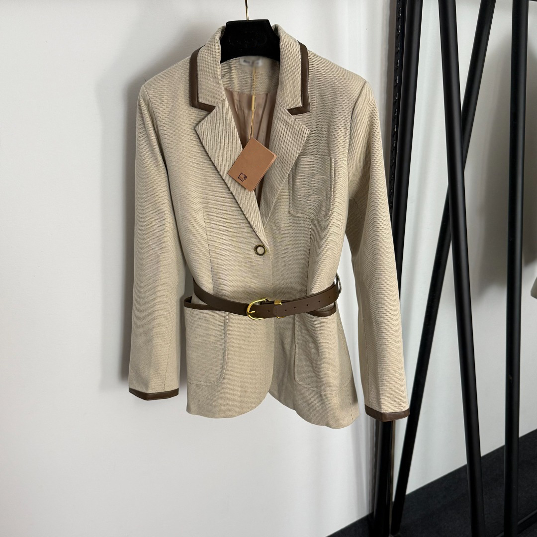 Women's Long Sleeve Woolen Business Suit Jacket with Mandarin Collar Single Button Closure Knitted Weave and Belt