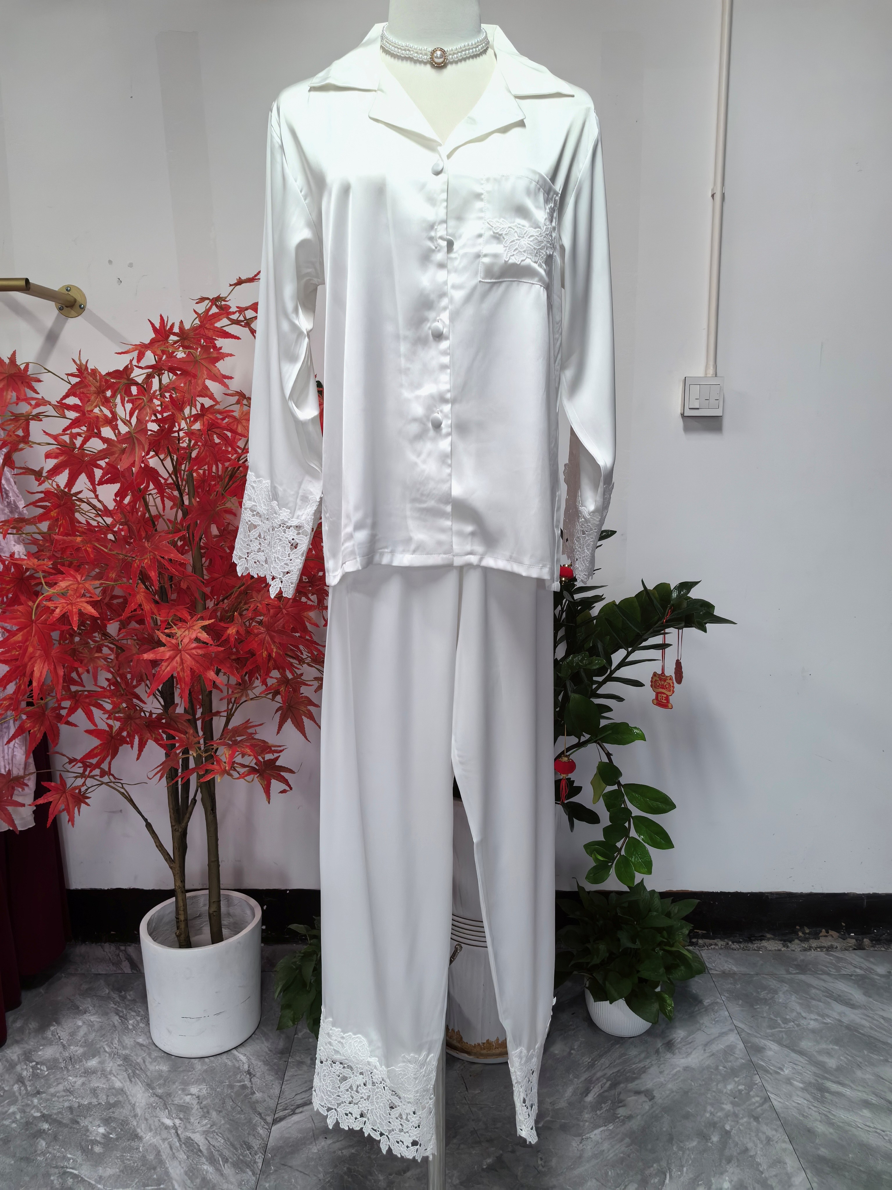 Meryjia Summer Women's Two-Piece Long Sexy Loungewear Solid Pattern Satin PJs with Full-Length Turn Collar Pyjamas