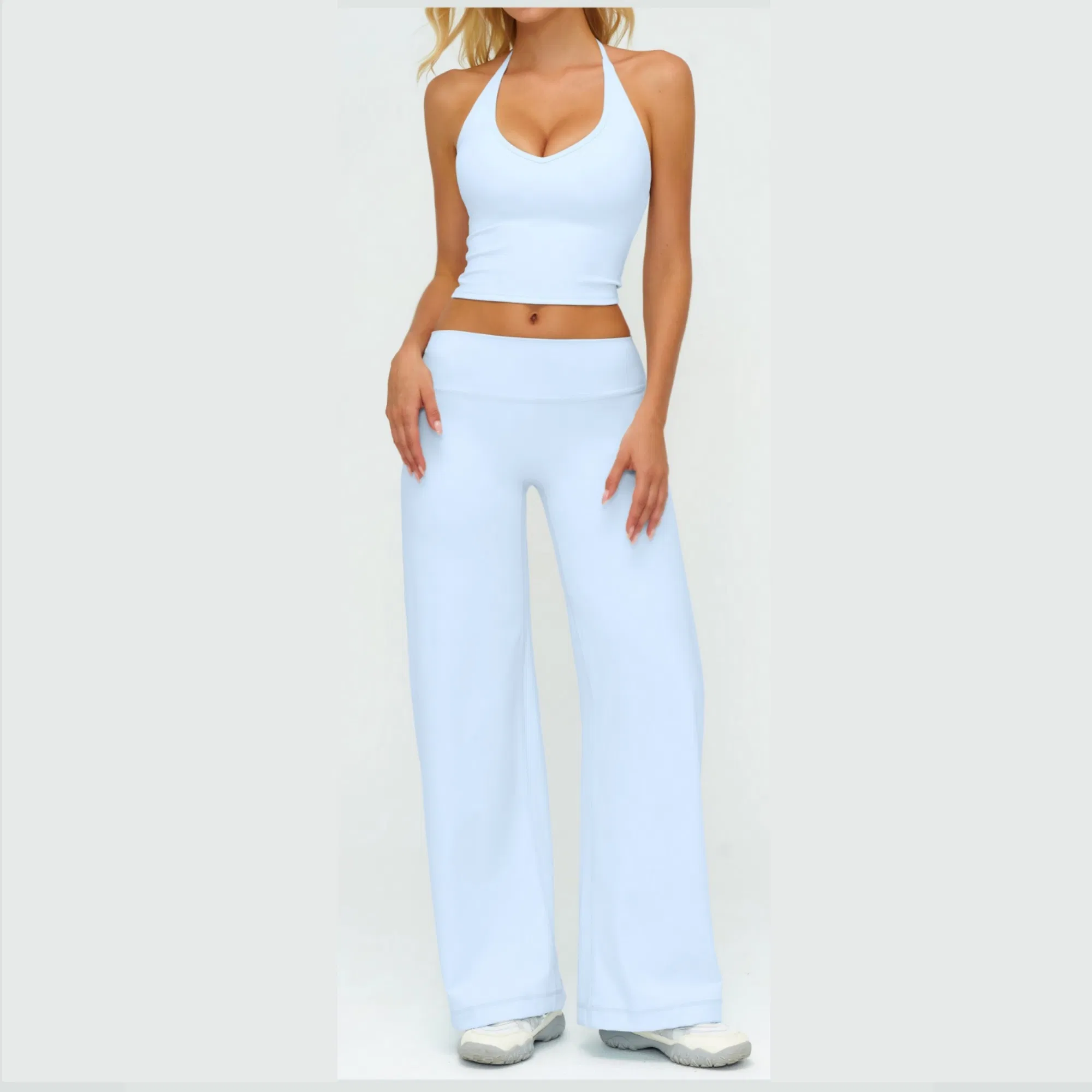 Elegant Resort Wear Yoga Set Halter Neck Top &amp; Flowing Wide Leg Palazzo Pants, Naked Feel for Beach &amp; Vacation
