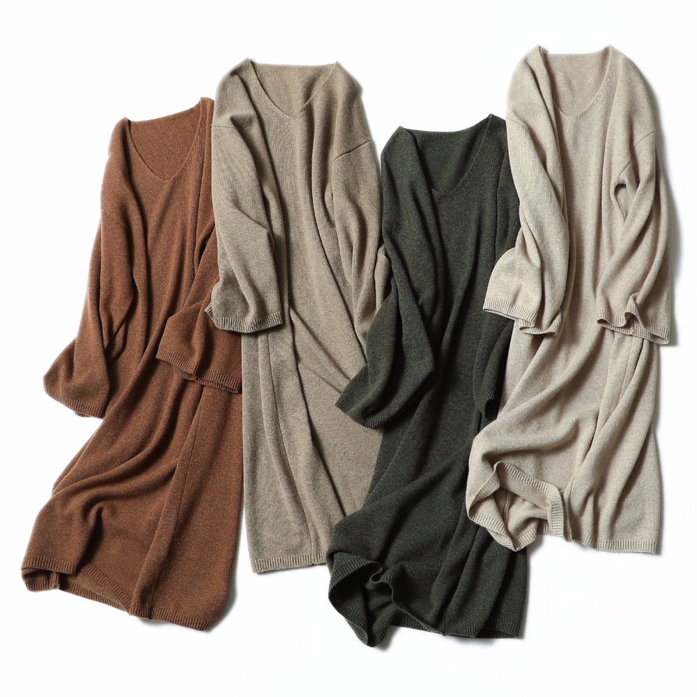 Women's Dresses Cashmere Knitted V Neck Loose Winter Plus Size Women's Dresses Sweater Dress Women Clothing