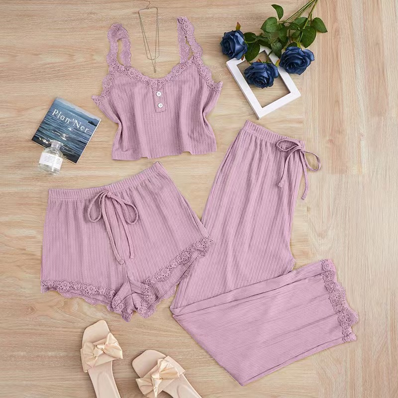 Women's Summer 3PCS Pajama Sets Party Gift Solid Vest Shorts and Pants Paired with Lace Splicing for Homewear Sexy Sleepwear Set
