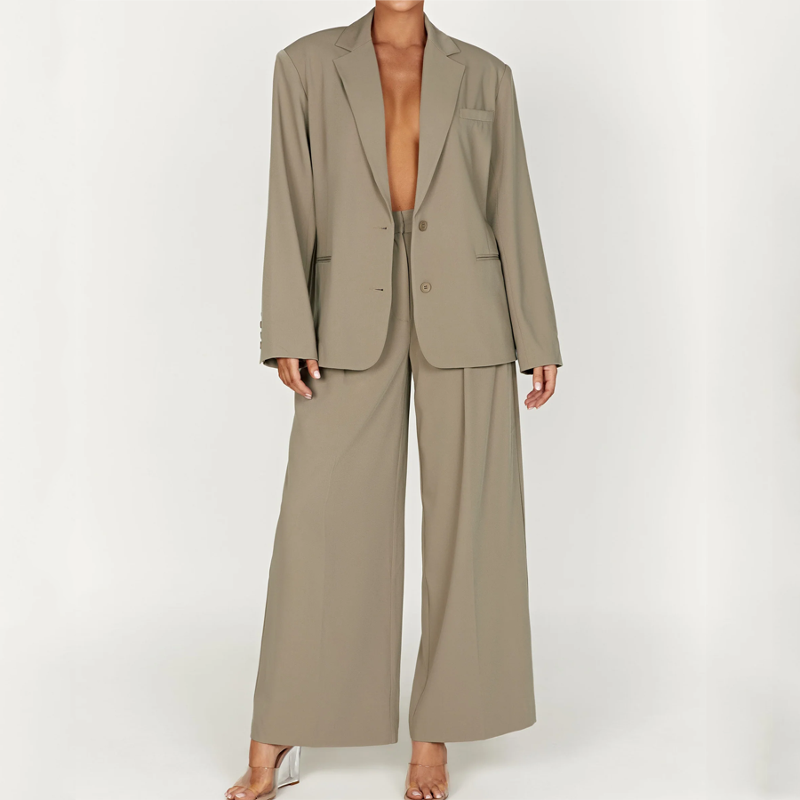 Office Lady Brown Blazer Set Oversize Women Custom Fashion Business Suits Casual Work Wear Loose Wide Leg Pants Set