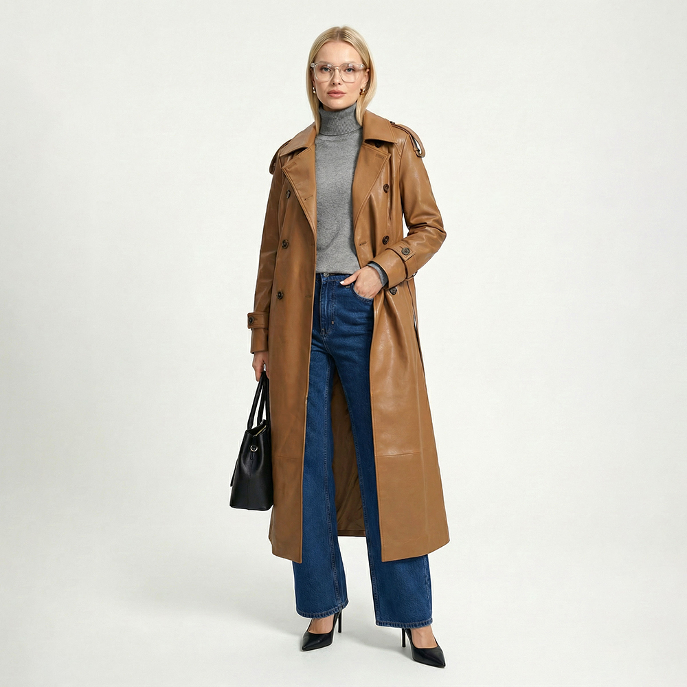 Women's Stylish Winter Trench Jacket Classic Design Soft PU Overcoat Warm Hood Cotton Filled Daily Fashion Outerwear