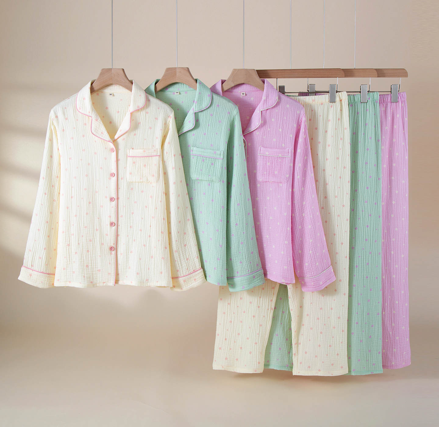 Skin-Friendly Breathable Star-Printed 100% Cotton Crepe Fabric Collar Country-Style Women's Pajamas