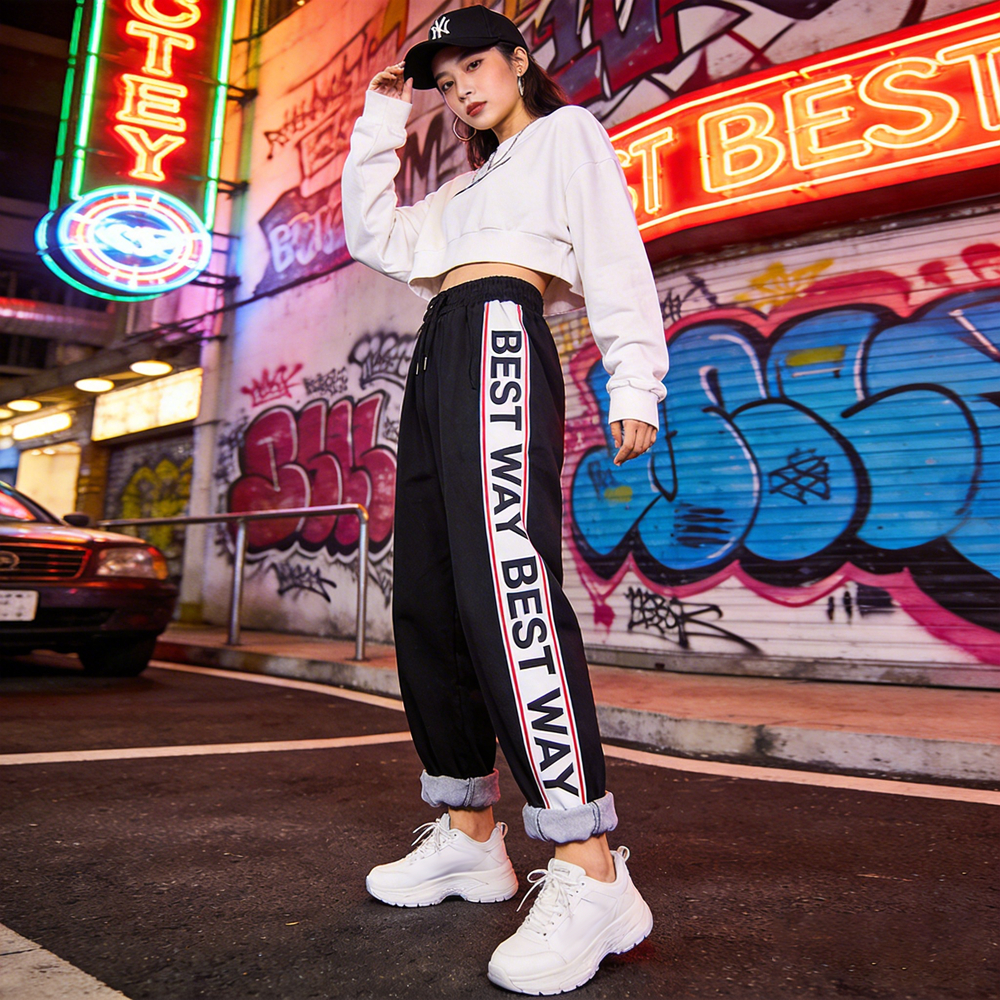 Activewear Ladies Streetwear Custom Screen Printing Side Stripe Straight Fit Loose Leg Sweat Pants with Drawstring