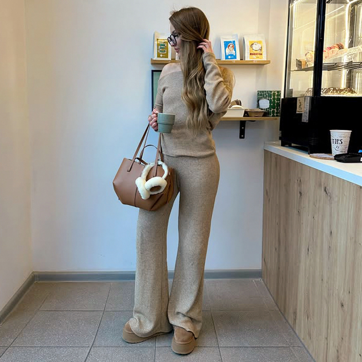 Women's Casual Solid Color Knitting Spandex/Polyester Loungewear Two-Piece Set Shoulder Top Wide Leg Pants Breathable