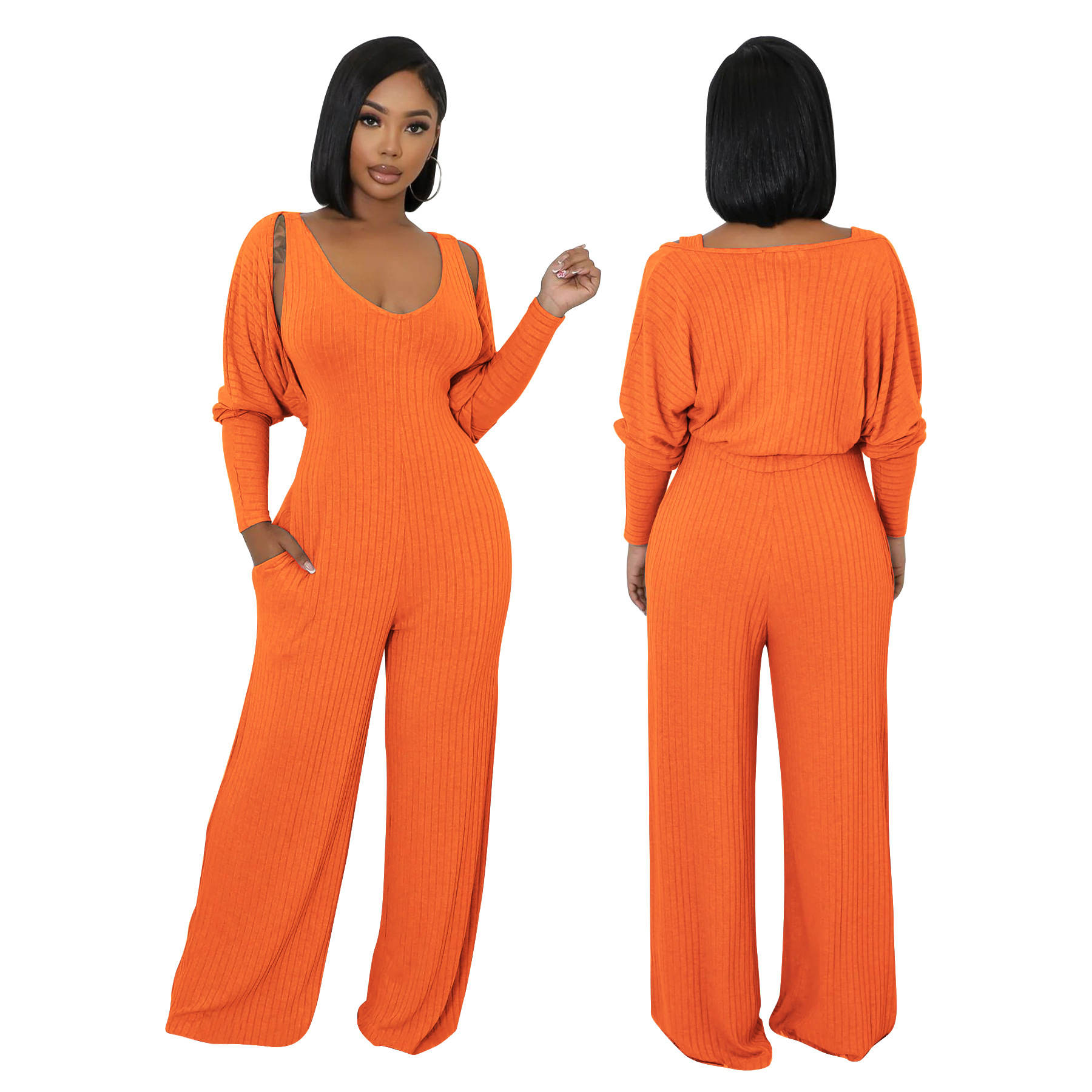 RUIQUWIN Wholesale Women's Knitwear Set Long Sleeve Cardigan Top Wide Leg Pockets Jumpsuit Casual Spring Fall Two Piece Outfit