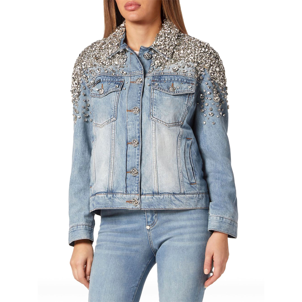 Luxury Women's Gothic Button Pearl Diamond Belt Washed Eco-Friendly Waterproof Long Sleeve Denim Jacket High Quality Made