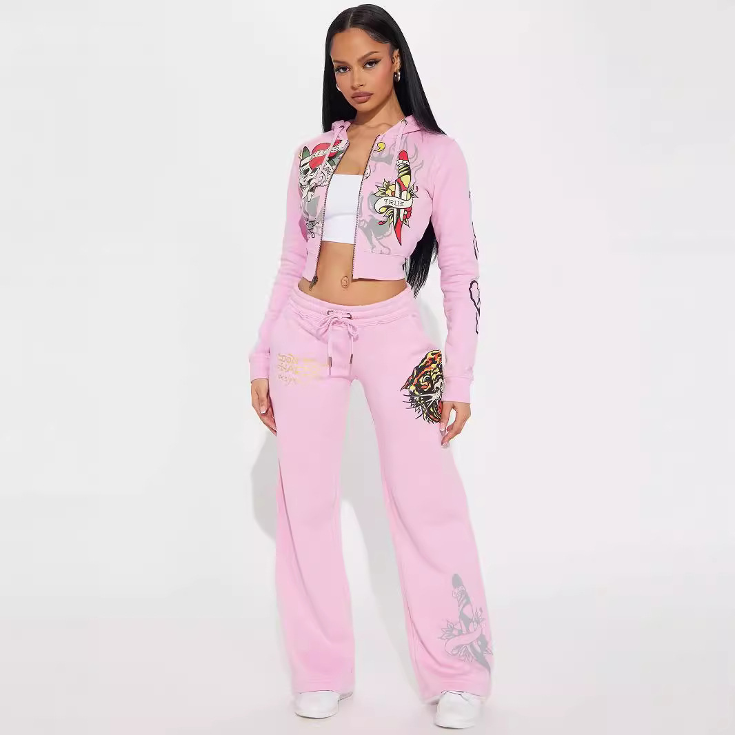 Streetwear Hoodie Fall Zip Hooded Crop Tops and Sweat Pants Graphic Printed Casual Plus Size 2 Piece Set Women Jogger Sets