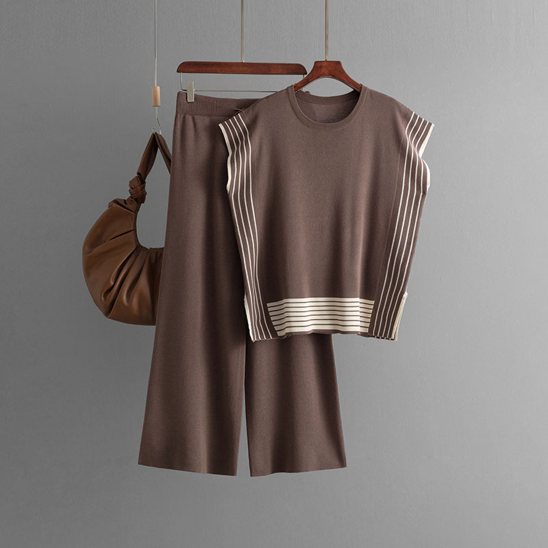 Women's Two-Piece Set Striped Knitted Pullover Sweater Loose Pants for Summer Fashionable Ropa De Mujer Roupas Femininas Da Moda