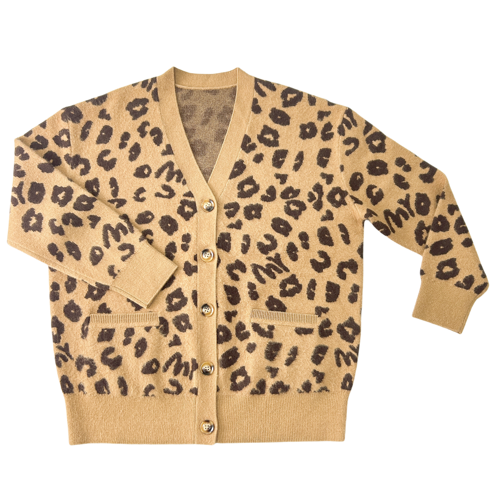 Women's Winter Leopard Pattern Oversized Sweater Knitwear Jacquard V-Neck Casual Long Sleeve Single Button Cardigan