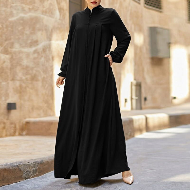 2025 New Handmade Muslim Women's Loose Kaftan Stand-Up Collar Zipper Cardigan Pocket Breathable Arab Style Prayer Dress Middle