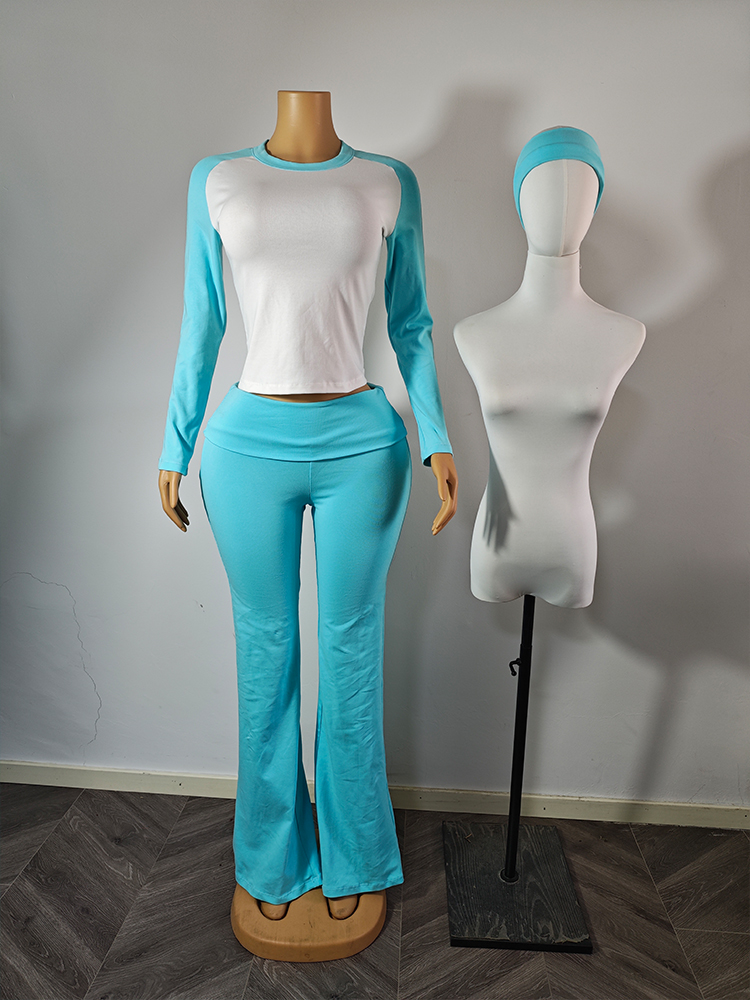 Women's 2-Piece Print Loungewear Set Long Sleeve Short Top Flared Foldover Pants Hairband-Spandex/Cotton Casual Skinny Fit