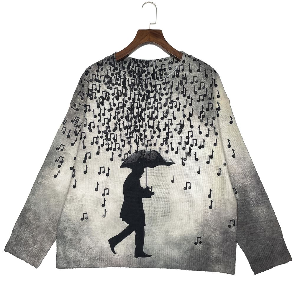 Women's Vintage Gray Umbrella Man Music Note Print Knit Sweater Casual Crewneck Oversized Long Sleeve All Match Knitwear