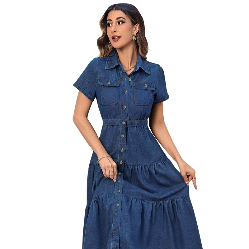 Plus Size Women Clothing Denim Dress Fashion Turn Down Collar Casual Long Streetwear Elegant A-Line Mom Jeans Dresses Vestidos