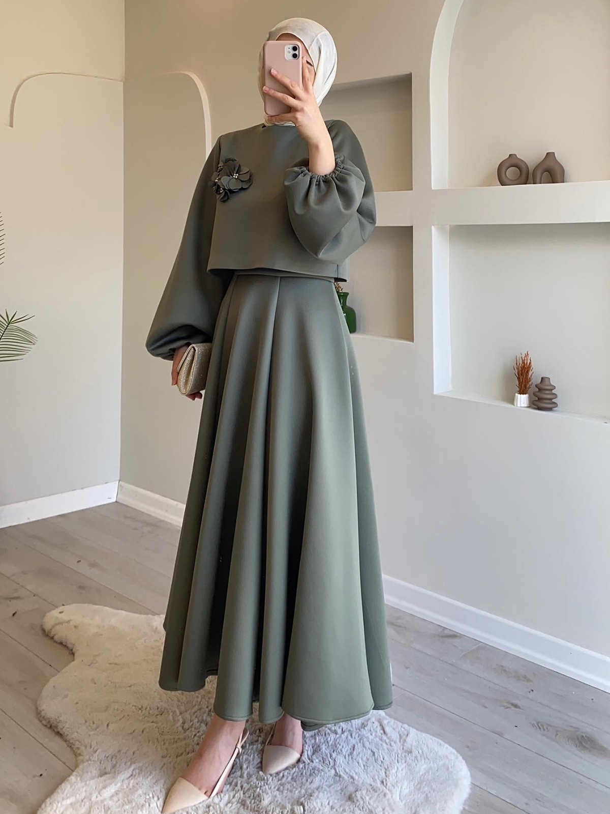 2025 Autumn Collection New Women's Casual Loose Dress Long Lantern Sleeves Solid Color Islamic Muslim Eco-Friendly Two Piece Set