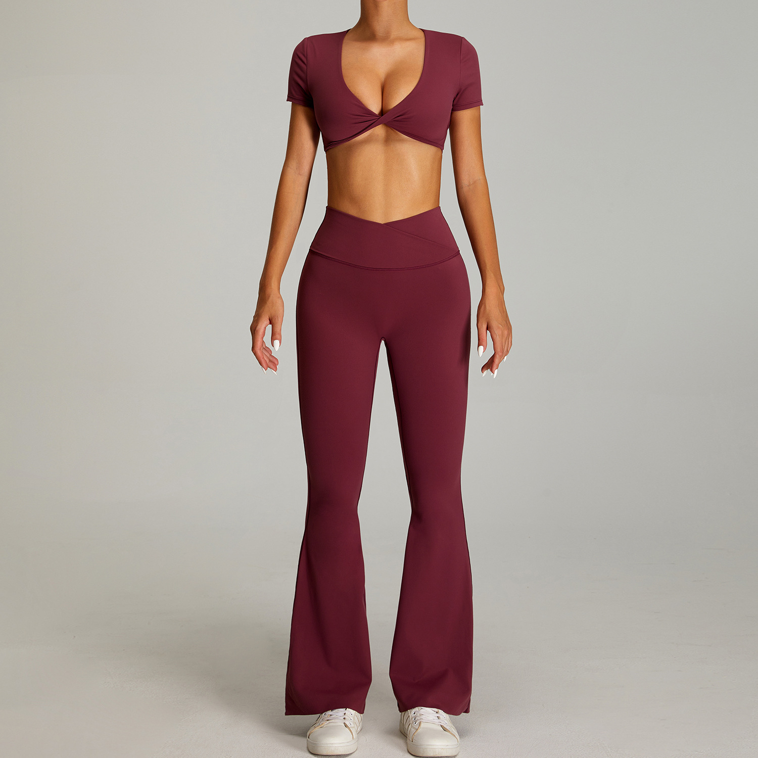 Latest Design Deep V Sexy Y2k V Shape Flare Activewear Sports Gym Pilates Women's Sets Summer Short Sleeve Loungewear Women Sets