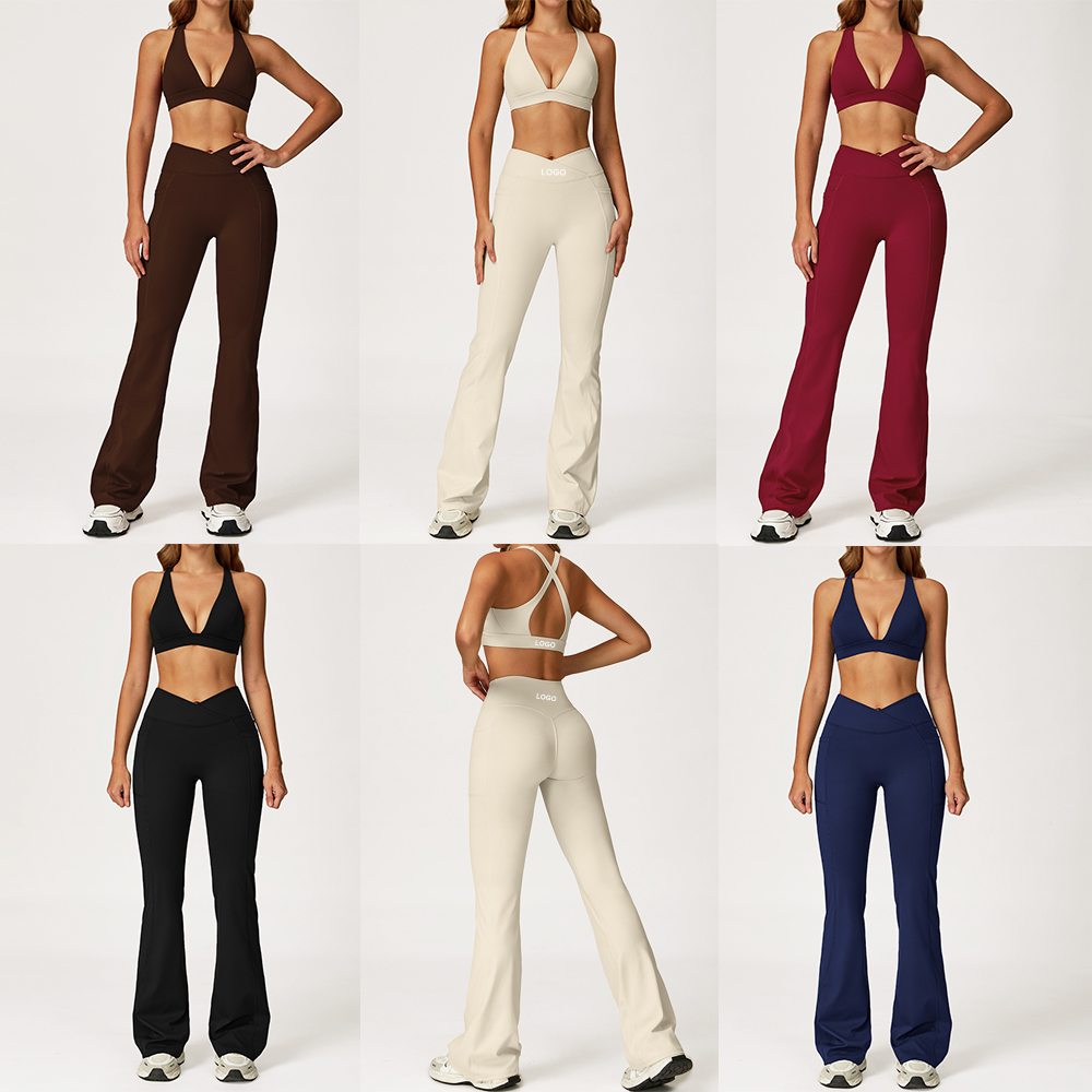 Women Sportswear Fitness Clothes V Neck Sports Bra Cross Waist Leggings Set Women High Quality Sports Set Fitness Suit for Women