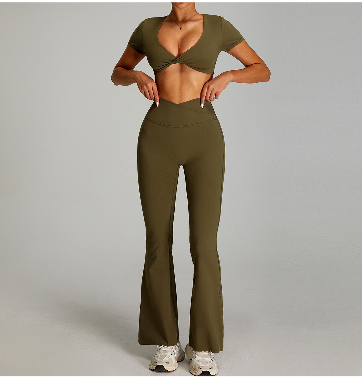 Latest Design Deep V Sexy Y2k V Shape Flare Activewear Sports Gym Pilates Women's Sets Summer Short Sleeve Loungewear Women Sets