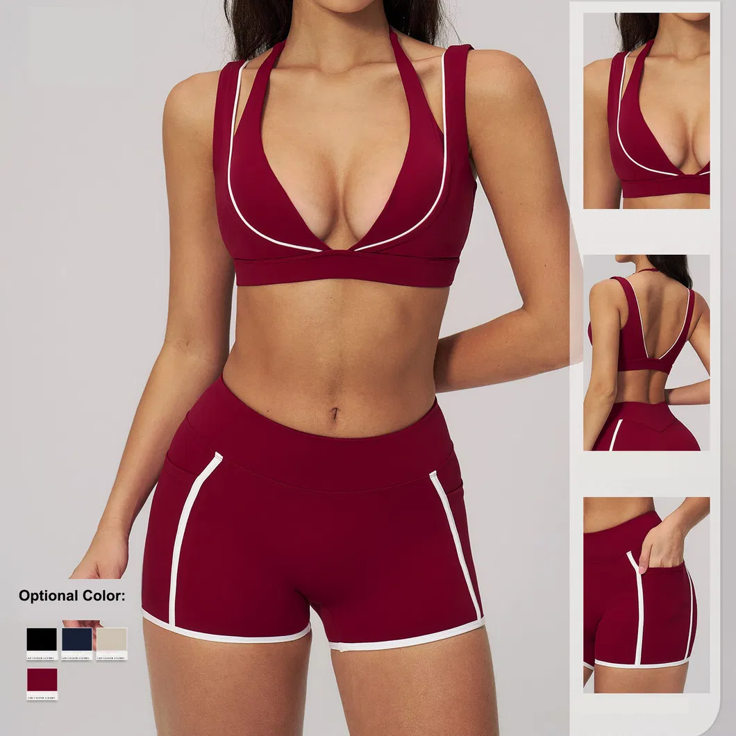 Womens Casual Fashionable Active 2 Piece Fitness Clothing with Deep V Neck Layered Sports Yoga Bra High Waist Gym Running Mini Shorts