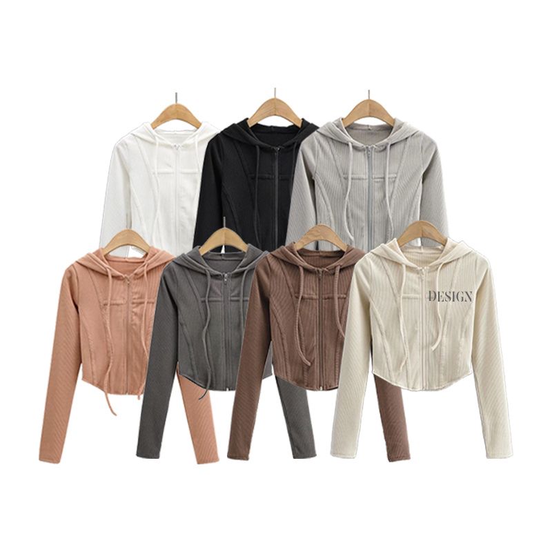 Fashion Short Style Hoodie New Long Sleeve Custom Embroidered logo Umbilical Cord Zipper-up Fish Bone Street Style Women Hoodie