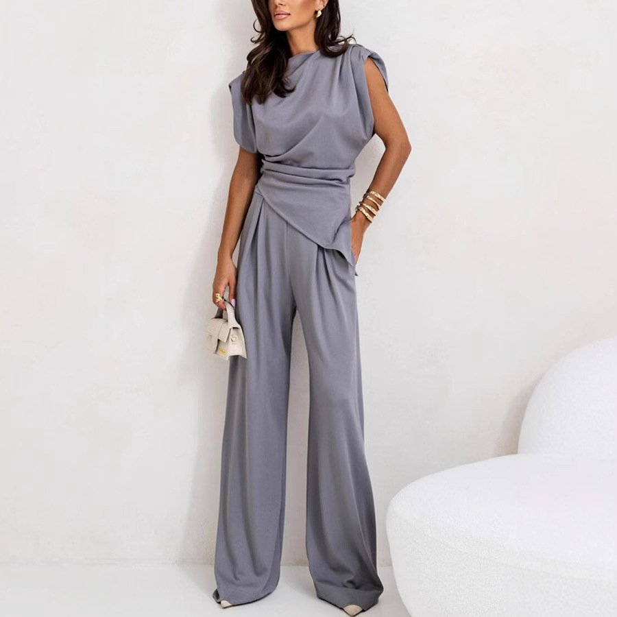 Women's Casual Fashion Spring and Summer New Item Solid Color Irregular Waist Collection Chiffon Suit for Daily Wear