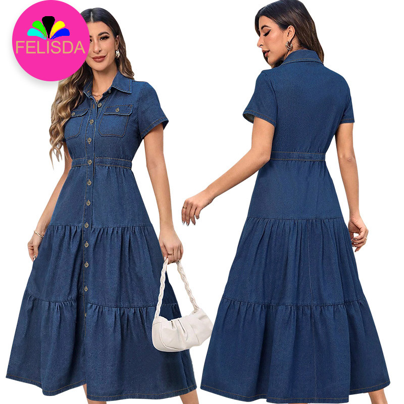 Plus Size Women Clothing Denim Dress Fashion Turn Down Collar Casual Long Streetwear Elegant A-Line Mom Jeans Dresses Vestidos