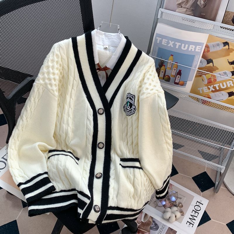 College Style V-neck Cardigan Sweater Jacket, New Women's Autumn and Winter Outfit, Loose and Lazy Outerwear