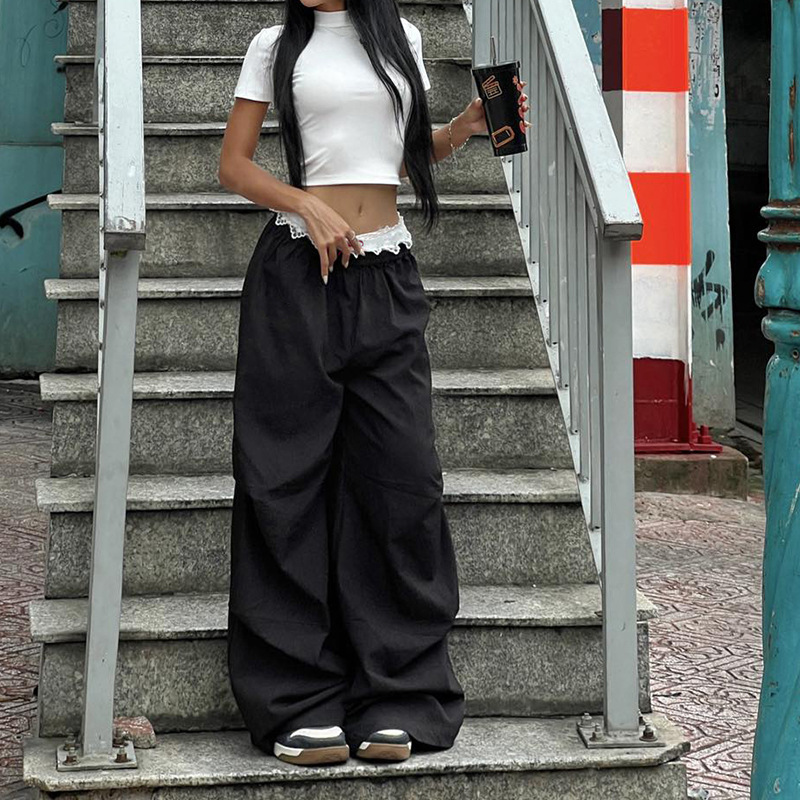 Women's Street-style Sweet Spicy Workwear Pocket Lace Bow Patchwork Woven Pants Dark Loose Slimming Casual Long Pants