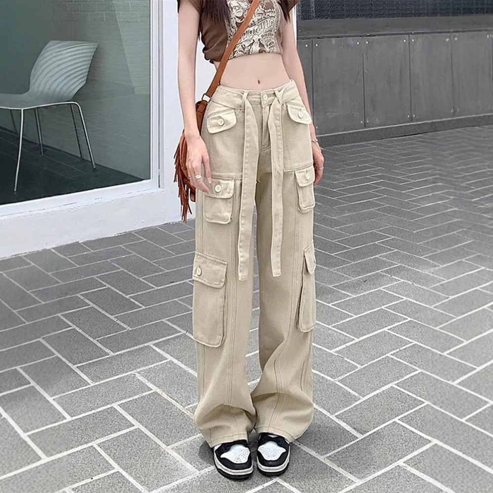 Street-style Cool and Trendy Denim Girl's Overalls with Straight Legs Mid-Rise Waist Sporty Gradient-Colored Women's Jeans