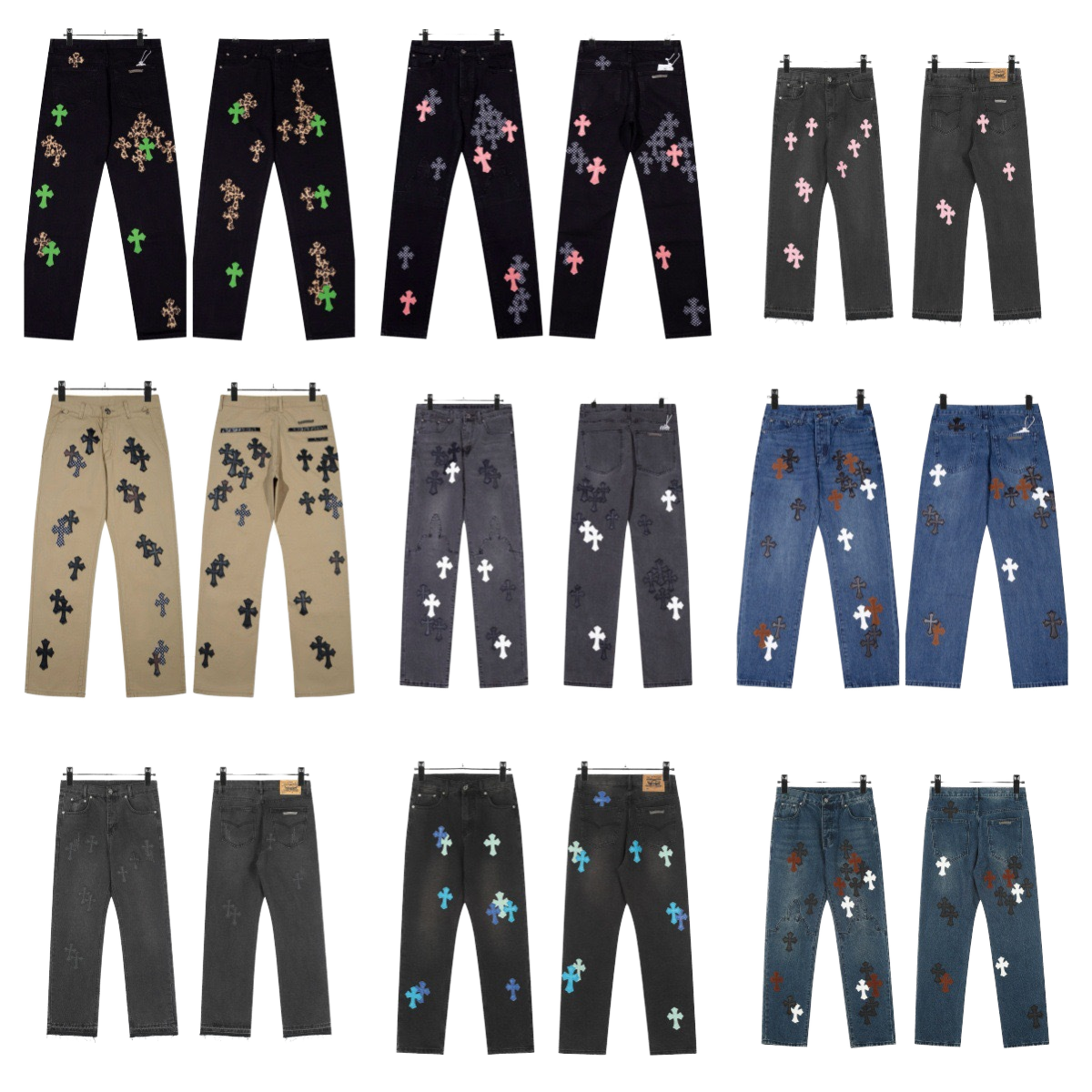 Classic Men's Women's Embroidered Chrome-plated Heart-shaped Straight-leg Denim Pants Totem Patches-Casual Fashionable Couple