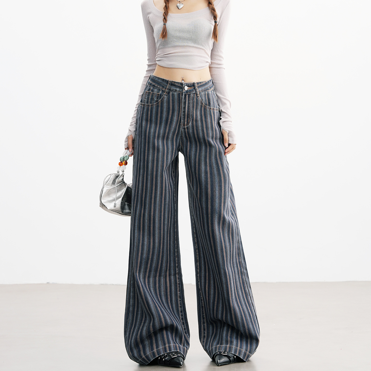 Spring Autumn Women's Design - Sense Niche Black Vertical Stripe High - Waist Loose Wide - Leg Denim Jeans