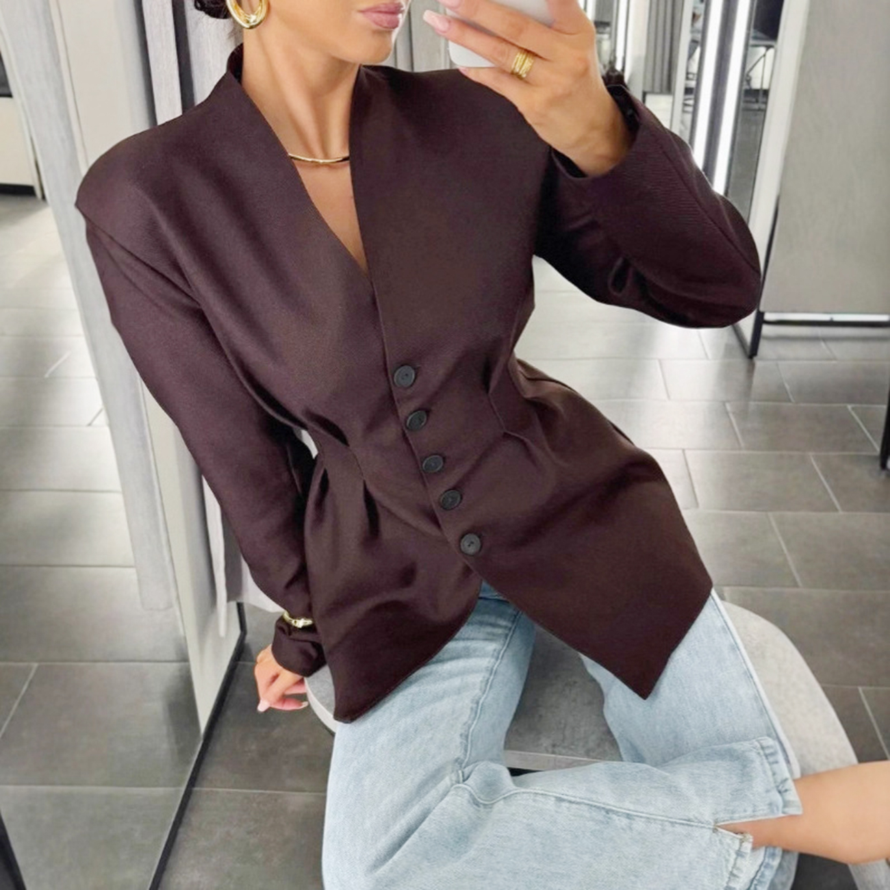 Enyami Retro Women's Autumn Winter New Single-Breasted Chic Outwear Waist Long-Sleeved Jacket V-Neck Blazer