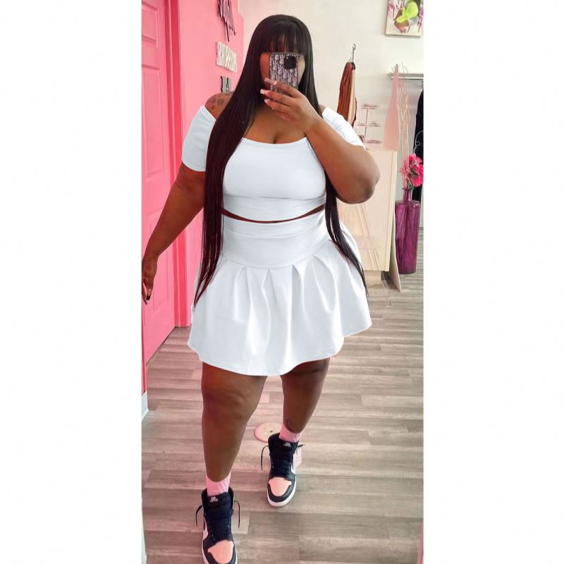 Products That Best Selling Plus Size Women's Clothing Solid Color Pleated Skirt Two Piece Set