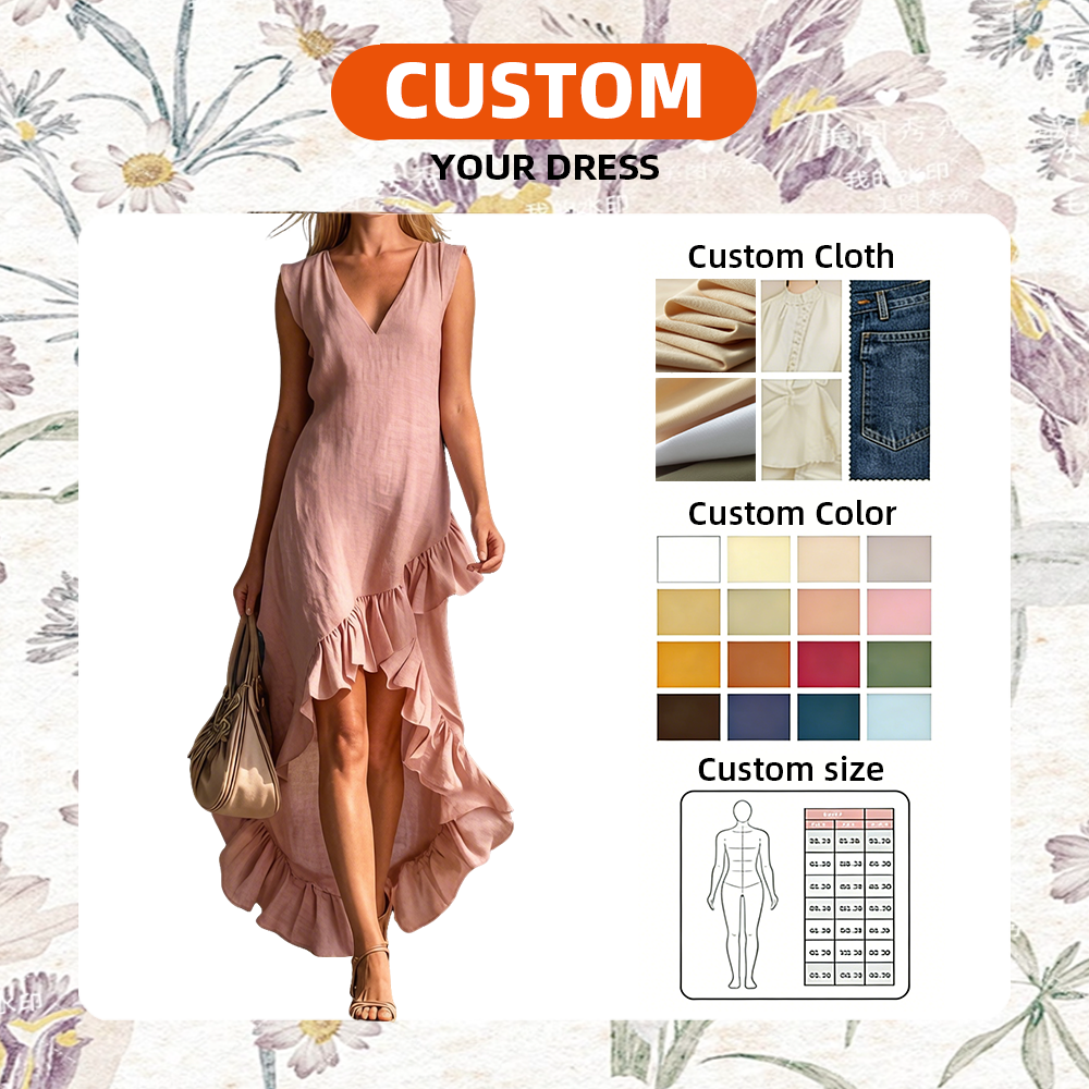 Women's Modest Cotton Polyester Sleeveless V-Neck Ruffled Hem Asymmetrical Solid Color Casual Spring Summer Autumn Maxi Dress