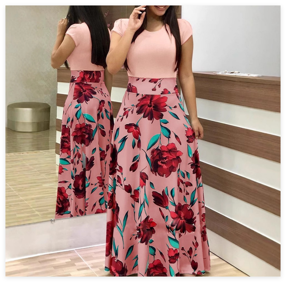 Floral Print Maxi Dress Women Short Sleeve O-Neck Chiffon Patchwork Long Gown Plus Size Bohemian Beach Party Summer Sundress