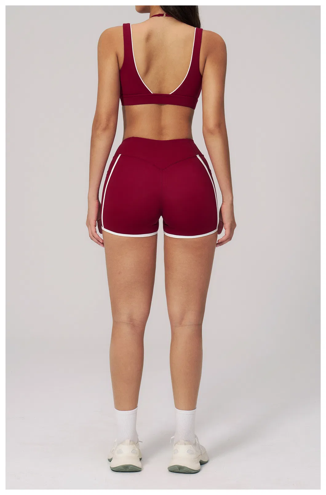Womens Casual Fashionable Active 2 Piece Fitness Clothing with Deep V Neck Layered Sports Yoga Bra High Waist Gym Running Mini Shorts