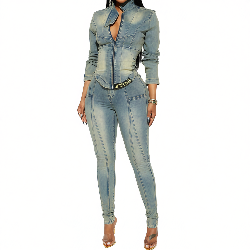 2023 Women's Streetwear Solid Washed Denim Two-Piece Jeans Top Set for Teenagers High Quality Low MOQ 20pcs Customized Color